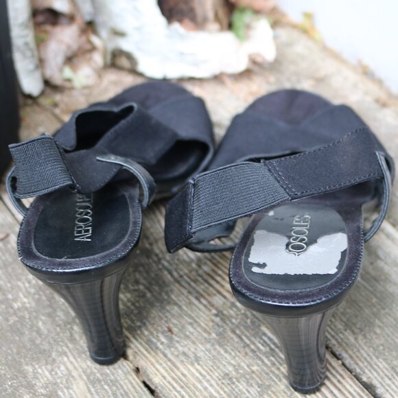Aerosoles Black Fabric Criss Cross Open Toe Elastic Sling Back 3" Heels Sz 7 - Picture 4 of 7